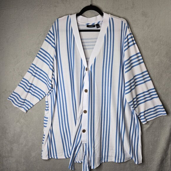Susan Graver 4X Button Front Cardigan V Neck White Blue Lightweight Long Sleeve - Picture 1 of 8